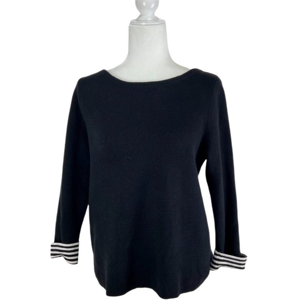 Tahari Women's Size M Pullover Sweater 3/4 Sleeve White Striped Cuffs Black
